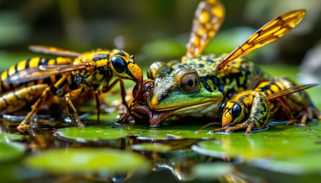 erleben sie 30 tage lang die faszinierende beobachtung unerschrockener frösche, die lebende riesenmordwespen fangen und fressen. ein spannender einblick in die natur und das überlebensverhalten dieser außergewöhnlichen tiere.