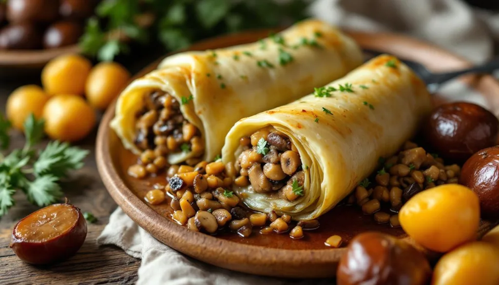 leckere vegetarische wirsingrouladen aus dem ofen, serviert mit kartoffeln und maronen – ein herzhaftes und gesundes gericht für die ganze familie.