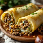 leckere vegetarische wirsingrouladen aus dem ofen, serviert mit kartoffeln und maronen – ein herzhaftes und gesundes gericht für die ganze familie.